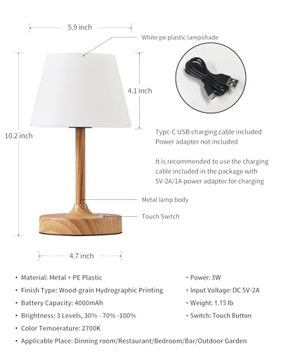 PUSU Cordless LED Wood-Grain Small Table Lamp, Waterproof Shower Desk lamp - color: Wood-grain (Metal + PE Plastic)