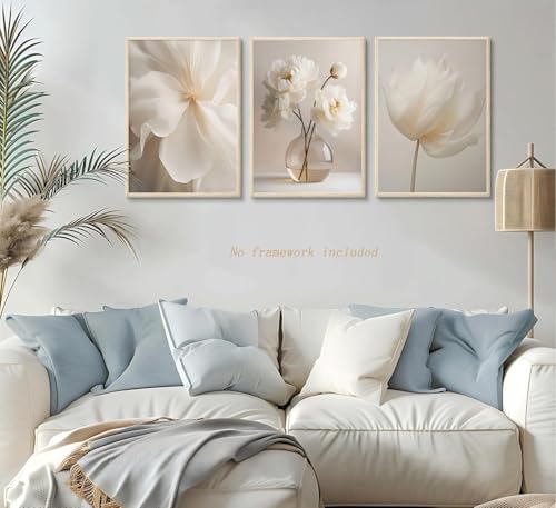 DIACEES 3 Pcs White Peony Wall Art Beige Floral Wall Decor Neutral Modern Aesthetic Poster Canvas Prints Perfect for Gallery, Bedroom, Living Room Home Wall Decor Ready to Hang (12x16 In poster) - color: White Peony poster, size: 12L" x 16W"