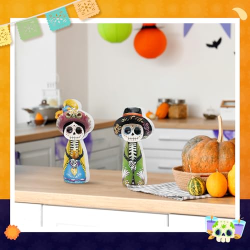 Yuntau 2 Pcs Day of The Dead Figurines Wooden Dia De Los Muertos Skull - style: Skeleton