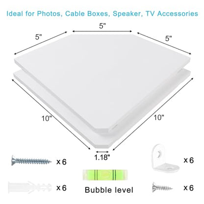 Corner Wall Shelves Set of 2, Rustic Wood Corner Floating Shelves with Cable Raceway, Wall Mount Storage Display for TV Accessories, Baby Monitor, Speaker, Cable Box (White, Diamond- 10 Inch)