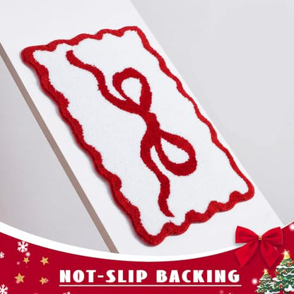 Tinideya Red Bow Bathroom Rug 20" x 32" Scalloped Bow Bath Mat - color: Red, size: 12" x 1'1"