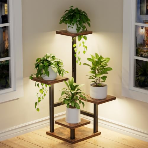 Yzosvki Plant Stand with Grow Light, Tiered Plant Shelf for Indoor Plants - color: Rustic Brown(with Lights), size: Square