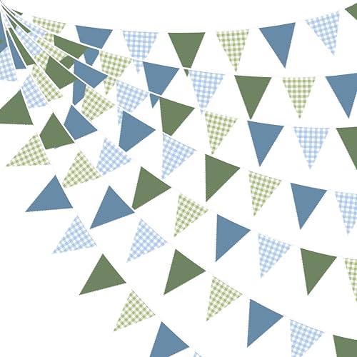 32Ft Blue Green Party Decorations Dusty Blue Sage Green Gingham Fabric Triangle Banner Flag Plaid Pennant Garland Streamers for Silly Goose Birthday Masters Golf Graduation Fishing Decor Supplies - color: Blue Green Checkered