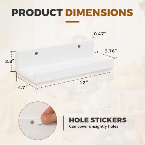 Muzilife 12" Small Floating Shelves Wood Wall Shelf with Lip, 4Pcs, White - color: White, size: 12"-4pcs