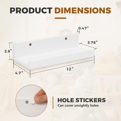 Muzilife 12" Small Floating Shelves Wood Wall Shelf with Lip, 4Pcs, White - color: White, size: 12"-4pcs