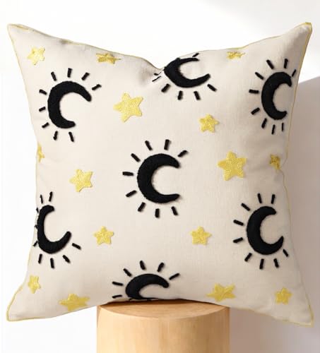 Embroidered Throw Pillow Cover 18x18 Inch, Line Star Moon - color: Line Star Moon, size: 18" x 18" (Pack of 1)