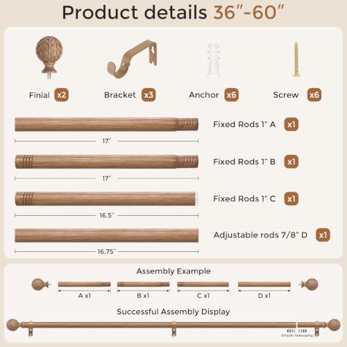 Curtain Rod 36-60 Inch, Boho Wood 1 Inch Curtain Rods for Windows - color: Natural Wood, size: 36''-60'' (1 Pack)