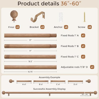 Curtain Rod 36-60 Inch, Boho Wood 1 Inch Curtain Rods for Windows - color: Natural Wood, size: 36''-60'' (1 Pack)