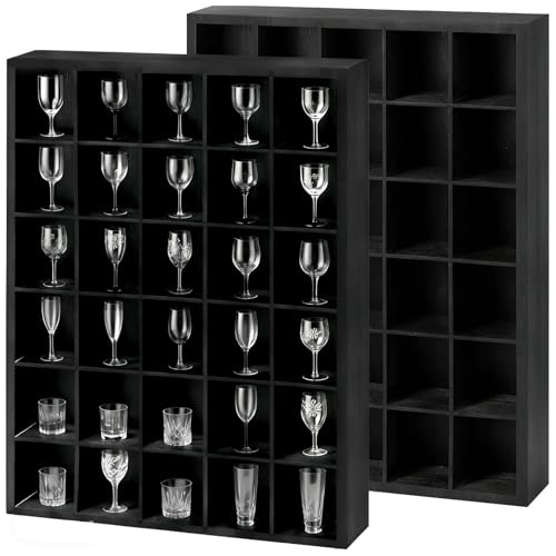 2 Pack Shot Glass Display Case - Black Wooden Wall Mounted Shadow Box Cabinet - 30 Slots, Removable Adjustable Shelves for Miniatures, Thimbles, Bar Home Kitchen Decor, 16.9x12.2 Inch, Black