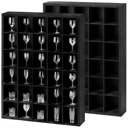 2 Pack Shot Glass Display Case - Black Wooden Wall Mounted Shadow Box Cabinet - 30 Slots, Removable Adjustable Shelves for Miniatures, Thimbles, Bar Home Kitchen Decor, 16.9x12.2 Inch, Black