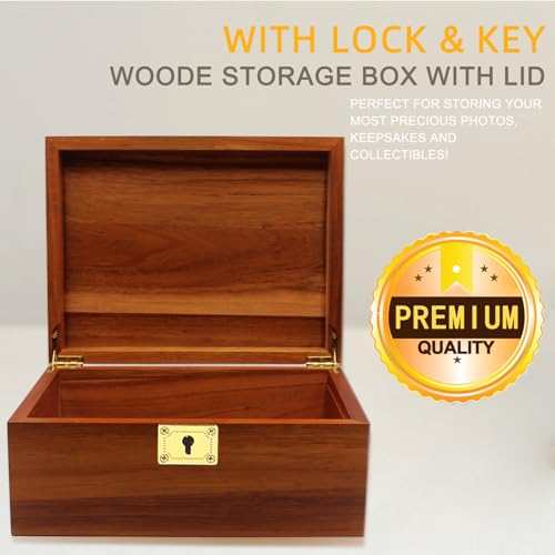 Wooden Box Decorative Large Acacia Wooden Storage Box with Hinged Lid and Locking Key Premium Keepsake Stash Box Lockable Chest for Keepsakes, Valuables, Accessories, Treasured Items(Lock No Grid) - style: Key Lock no partition