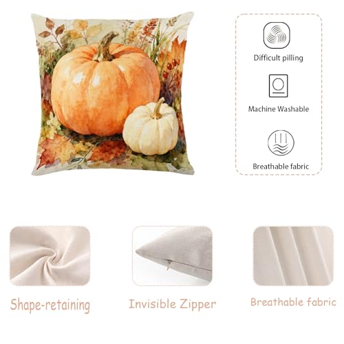 Big & Small Orange White Pumpkins Wild Grass Red Berry Watercolor Throw Pillow Cover 18x18 Inch Set of 2, Rustic Autumn Fall Farmhouse Linen Cushion Case, Thanksgiving Indoor Home Decor Pillow Cover - color: Orange, Cream, Green, Red