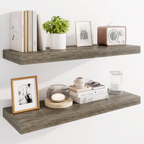 Marsmiles 30" Floating Shelves for Wall, Wooden Shelves with Invisible Brackets Set of 2, Rustic Farmhouse Wall Mounted Shelf for Kitchen Bathroom Living Room Study, Grey - color: Grey, size: 30"
