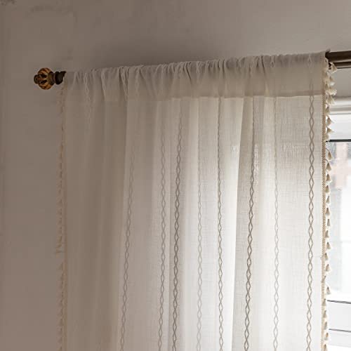 Deeprove White Boho Curtains 72 inches Long with Tassel for Room Divider Doorway, Bohemian Moroccan Sheer Embroidery Rustic Farmhouse Cotton Linen French Country Window Drape, W52 x L72, 1 Panel - color: White, size: 52"W x 72"L (Pack of 1)