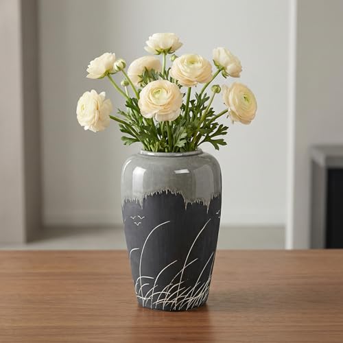 Black and Gray Vase, 8 Inch Grey Ceramic Vase with Crackle Finish, Minimalist Decorative Vases for Modern Home Decor, Office Desk, Living Room Table Centerpiece - color: Wheat Gery