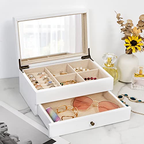 Meangood Jewelry Box Organizer for Women, 2 Layer Large Jewelry Storage Case, Rustic Wooden Jewelry Box with Mirror & Ring Tray for Necklace Earring Bracelets Rings, Vintage Style (White) - color: White, size: 1-Drawer