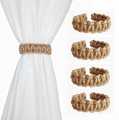 Braided Outdoor Curtain Tiebacks for Drapes, Rustic Curtain holdbacks 4 Pack, Handmade Decorative Curtain Ties for Sheer/Light Weight Drapes of Home Office Bedroom Window