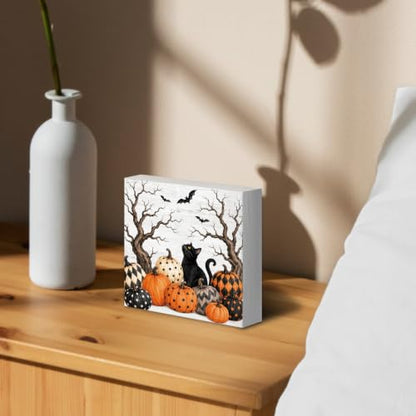 Halloween Black Cat Pumpkin Wood Box Sign Desk Decor 5X5 - color: Pumpkin Cat