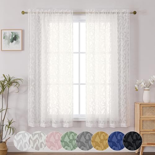 OWENIE Leyna 2 Panels Sheer Ivory Curtains 63 Inch Length for Bedroom, Soft Lightweight Jacquard Clip Window Curtain for Living Room, Double Rod Pockets Textured Drapes, Each 40Wx63L Inches - color: Ivory, size: 40"W x 63"L (Pack of 2)