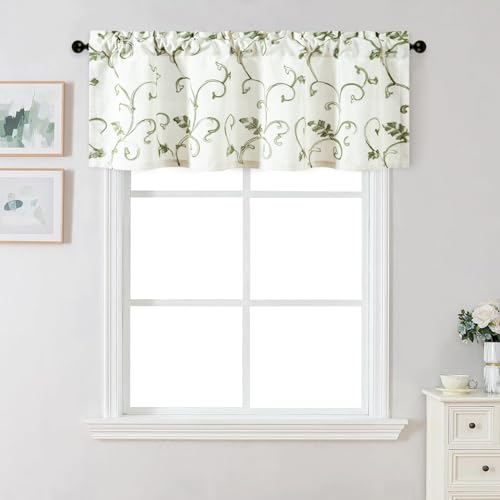 VOGOL Green Vine Embroidered Valance, Linen Texture, 60 x 18 Inches - color: Green, size: 60"W x 18"L (Pack of 1)