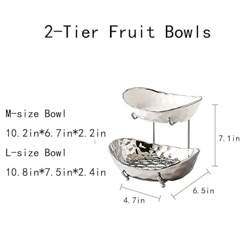 2-Tier Fruit Bowls for Kitchen Counter,Ceramic Bowl with Silver Metal Stand,2 Tier Fruit Basket for Fruit,Snack,Cake,Nuts,Dessert Space Saving Storage - color: Silver