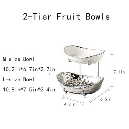 2-Tier Fruit Bowls for Kitchen Counter,Ceramic Bowl with Silver Metal Stand,2 Tier Fruit Basket for Fruit,Snack,Cake,Nuts,Dessert Space Saving Storage - color: Silver