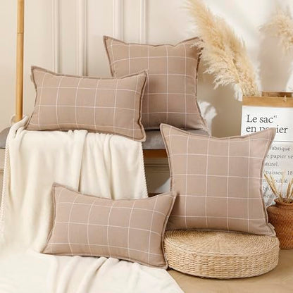 Pure Linen Plaid Throw Pillow Covers 18x18, Set of 2, Pink - color: Pink, size: 18x18inch