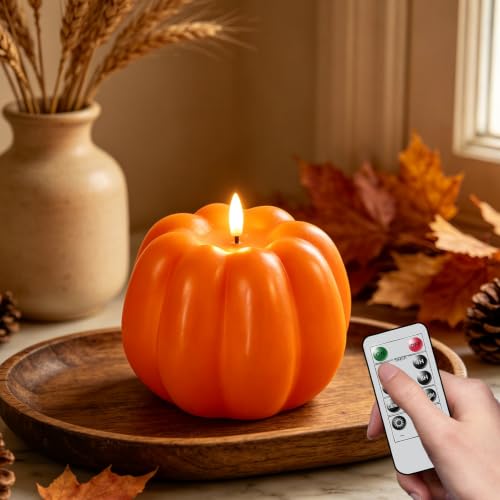 Wondise Orange Fall Decorations Real Wax Pumpkin Candles with Remote Timer - color: 5-Orange