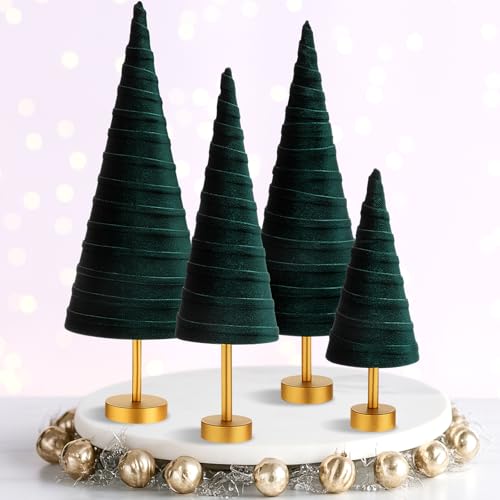 Hoolerry 4 Pcs Christmas Velvet Trees with Gold Pedestal, Green - color: Green