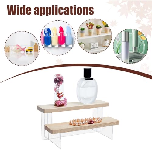 NBEADS 2-Tier Wooden Display Riser Shelf, Antique White Tabletop Small Food Stand Risers Acrylic Display Makeup Step Perfume Organizer for Cosmetics Figure Collection 3.46x7.87x4.33inch