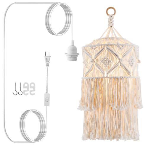 Boho Plug in Pendant Light, Handmade Macrame Hanging Lamp Shade - size: BOHO-04