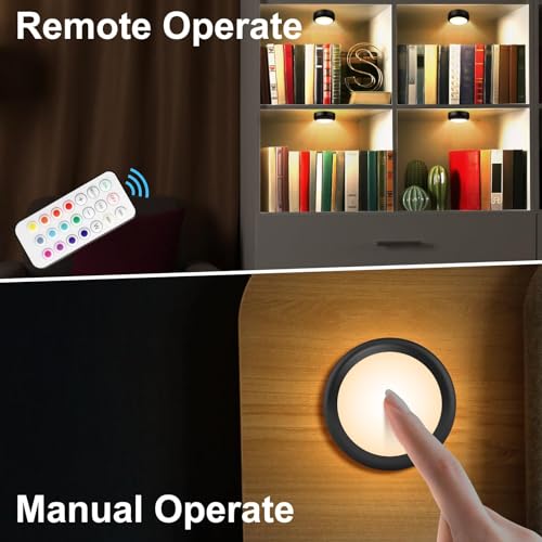 BLS LED Puck Lights with Remote Control, Wireless Under Cabinet & Closet Lighting, RGB 13 Color Changing Lights with Dimmer, Timer & AA Battery Operated, Push, Touch, Stick on for Night, Black, 6 Pack - color: Black, size: 6 Pack