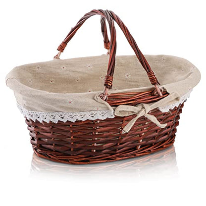 Dicunoy Wicker Basket with Handle, Picnic Baskets with Liner, Empty Gift Gardening Baskets for Harvesting, Willow Organizer Storage Basket for Fruit, Candy, Wine, Gathering, Wedding