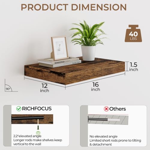 RICHFOCUS Bathroom Floating Shelves for Wall 2Pack|Rustic Brown|16" L - color: Rustic Brown, size: 16"L x 11.6"D, Set of 2