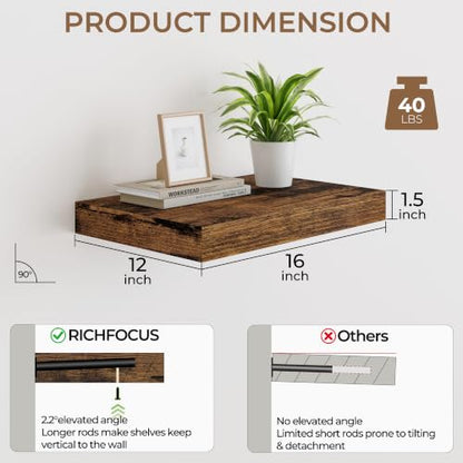 RICHFOCUS Bathroom Floating Shelves for Wall 2Pack|Rustic Brown|16" L - color: Rustic Brown, size: 16"L x 11.6"D, Set of 2