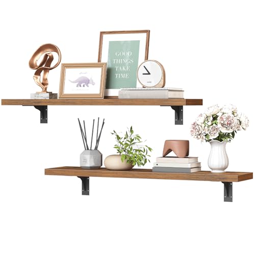 HOOBRO Floating Shelves for Wall, 23.6" Wall Mounted Shelves Set of 2 - color: Rustic Brown + Black, size: 23.6 Inches