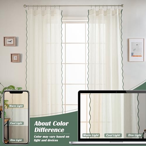 DriftAway Semi Sheer Scalloped Edge Linen Coastal Beach Window Curtains for Living Room Bedroom 2 Panels Rod Pocket Each Size 52 Inch by 63 Inch Loden Green - color: Linen Loden Green, size: 52"W x 63"L (Pack of 2)
