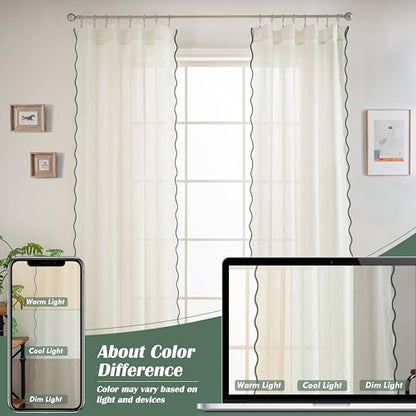 DriftAway Semi Sheer Scalloped Edge Linen Coastal Beach Window Curtains for Living Room Bedroom 2 Panels Rod Pocket Each Size 52 Inch by 63 Inch Loden Green - color: Linen Loden Green, size: 52"W x 63"L (Pack of 2)