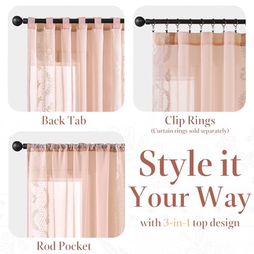 jinchan Floral Sheer Curtains, Back Tab 50x63 Inch, 2 Panels Pink - color: S | Pink, size: 50"W x 63"L (Pack of 2)
