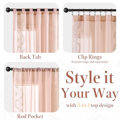 jinchan Floral Sheer Curtains, Back Tab 50x63 Inch, 2 Panels Pink - color: S | Pink, size: 50"W x 63"L (Pack of 2)