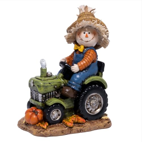 Hodao Thanksgiving Scarecrow Tractor Figurine, Fall Harvest Decor-Green - color: Green