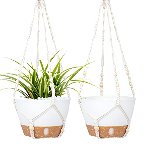 QCQHDU 2 Pack Hanging Planters for Indoor Outdoor Plants, 10 Inch Hanging Baskets Flower Pots with Reservoir Tray & Visible Water-Level (Macrame Hanger) - color: White, size: 10 inch with Macrame Hanger