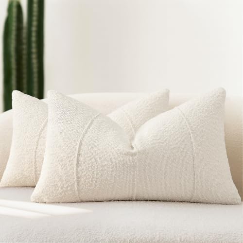 YCOLL Textured Boucle Throw Pillow Covers 12x20 Pack of 2 - Soft Neutral Striped Cushion Covers, Cozy Accent Decorative Pillow Covers for Couch, Sofa, Bed, Living Room (Ivory) - color: Ivory, size: 20" x 12" (Pack of 2)