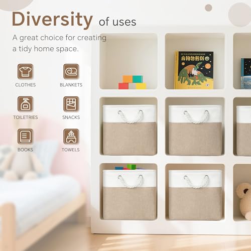 FinishingBo 11 inch Cube Storage Bin with Handles 6 Pack - color: White/Khaki-6 Pack