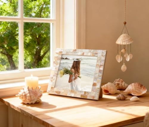 Picture Frame 5x7 Mother of Pearl Photo Frame,Beach Picture Frame Tabletop or Wall Hanging Display Frame(5x7 Natural White,1pc) - color: Natural White, size: 5x7 Inch