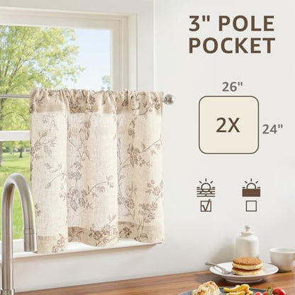 jinchan Floral Linen Kitchen Tier Curtains, 24 Inch, 2 Panels, Taupe - color: Alisa Taupe, size: 26"W x 24"L (Pack of 2)