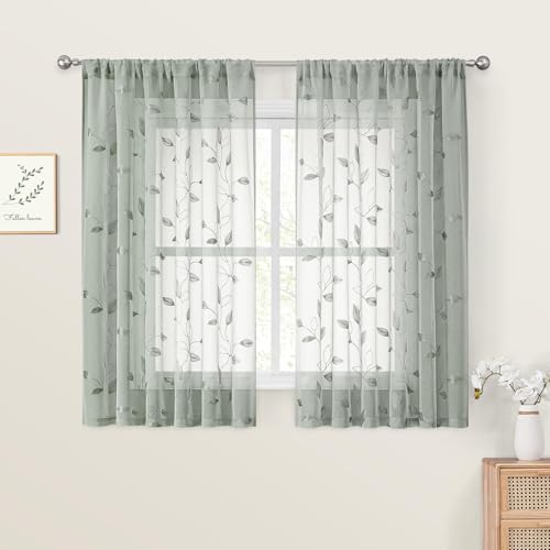 HOMEIDEAS Sage Green Kitchen Curtains Leaf Embroidered, 52x45, 2 Panel - color: 1-sage Green, size: 52"W x 45"L (Pack of 2)