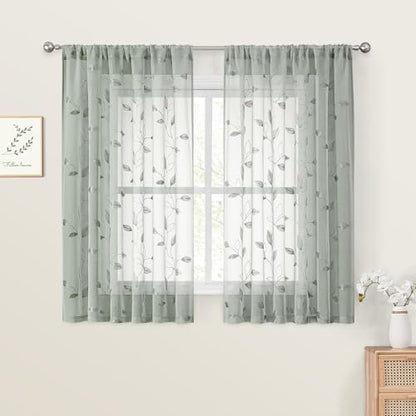 HOMEIDEAS Sage Green Kitchen Curtains Leaf Embroidered, 52x45, 2 Panel - color: 1-sage Green, size: 52"W x 45"L (Pack of 2)