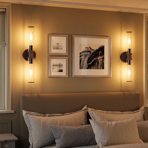 Rayogale Black & Walnut Wireless Battery Operated Wall Sconces with Remote | Glass Rechargeable Wall Lights Set of 2 with Timer Function Dimmable for Living Room Bedroom Emergency 3000K, 20.5 Inch - color: Black & Walnut(Clear Tubular Lampshade)