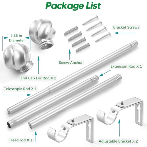 LLPJS Curtain Rods 16-48", 1 in Adjustable Silver Rod with Finials, 1 Pack - color: Satin Silver, size: 16" to 48" - 1 pack